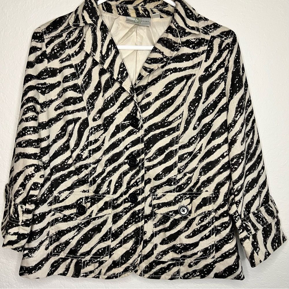 🖤Studio Works🖤🦓 Zebra Print🦓 Linen Cotton Blend Lined Blazer Jacket 🖤small